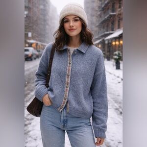 ALPS Vintage Wool Blue Grey Metal Buttons Ribbon Trim Cardigan Sweater Size XL